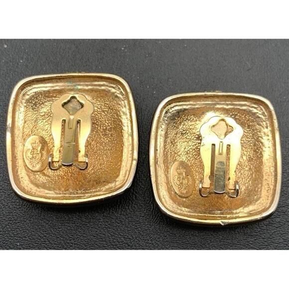 Vintage Premier Design Chunky Large Square Clip On Earrings Black & Cream Enamel - Picture 4 of 4